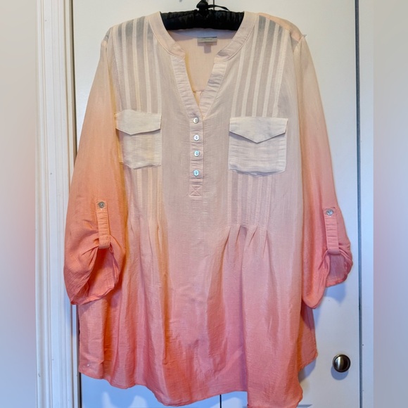 Avenue Tops - Avenue 18/20 Peach Coral Ombre Blouse Plus Size Flowy Tunic Top Button Front
